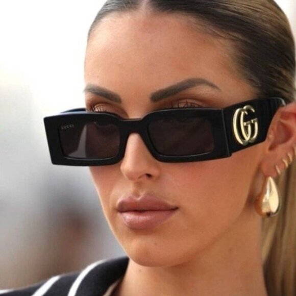 Gucci GG1425S 001 Sunglasses Black Rectangle Frame, Grey Lenses - Picture 4 of 11